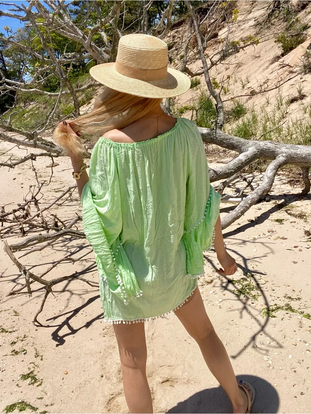 BOHO Lime Green Off-Shoulder Pom Pom Beach Cover-Up! 🐚